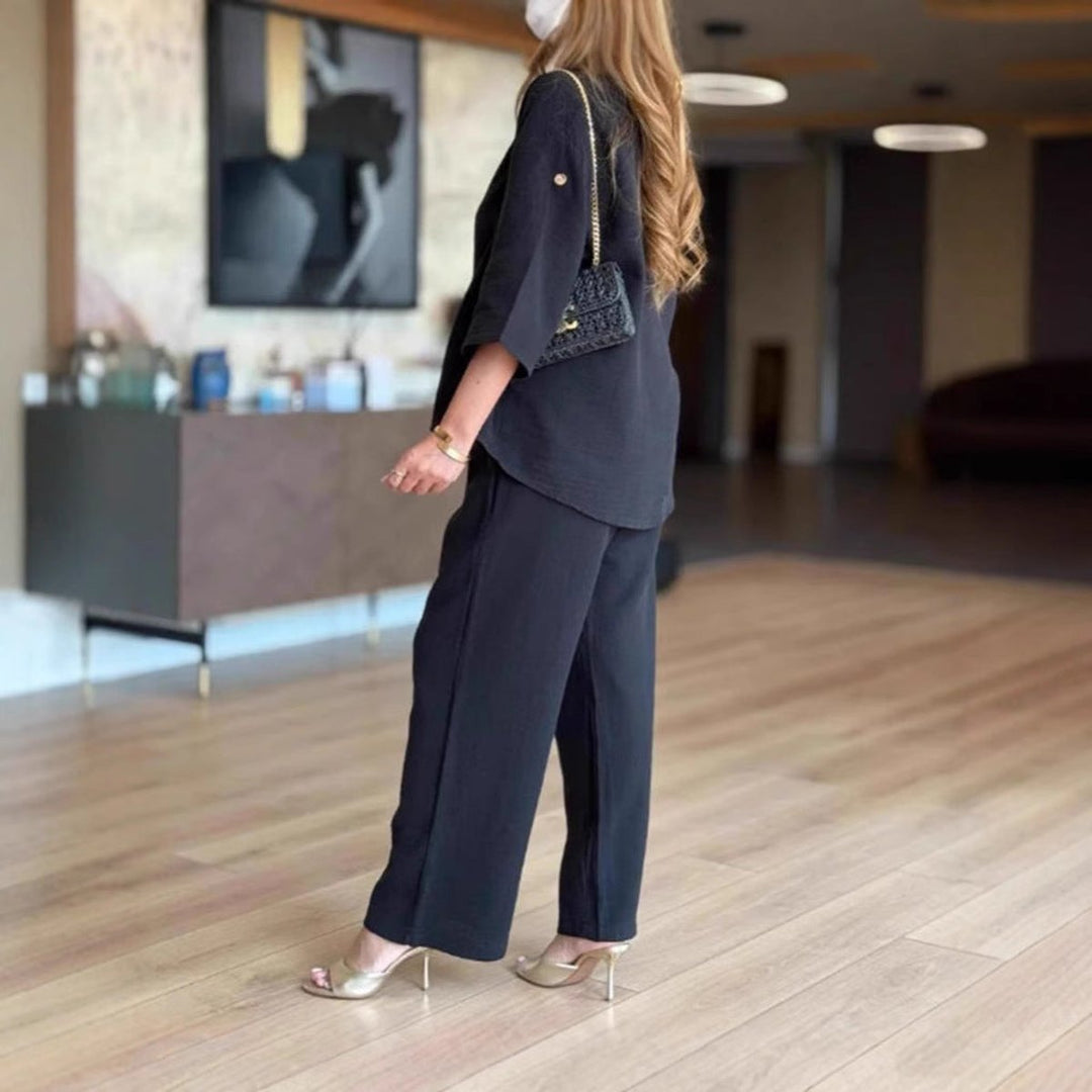 Women's Relaxed Linen-Blend Three-Quarter Sleeve Tunic Palazzo Pants Set