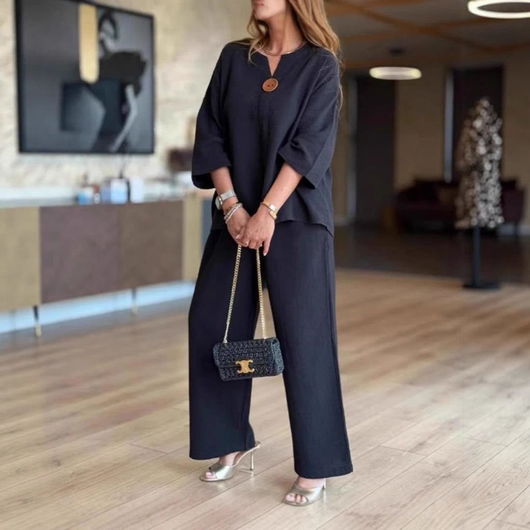 Women's Relaxed Linen-Blend Three-Quarter Sleeve Tunic Palazzo Pants Set