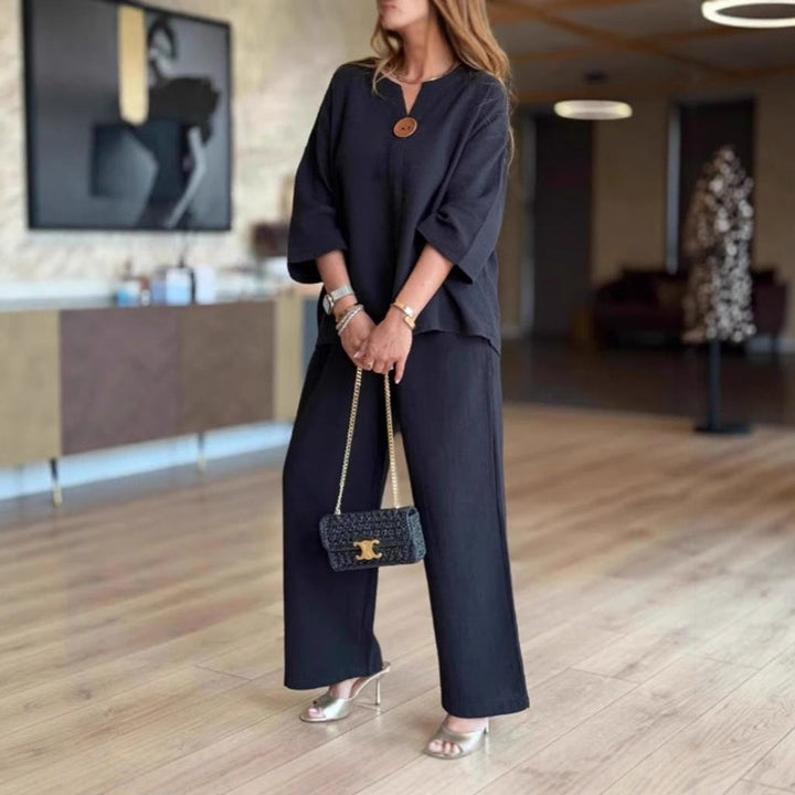 Women's Relaxed Linen-Blend Three-Quarter Sleeve Tunic Palazzo Pants Set