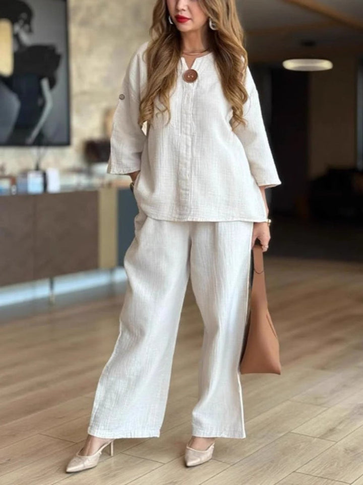 Women's Relaxed Linen-Blend Three-Quarter Sleeve Tunic Palazzo Pants Set - Weiß