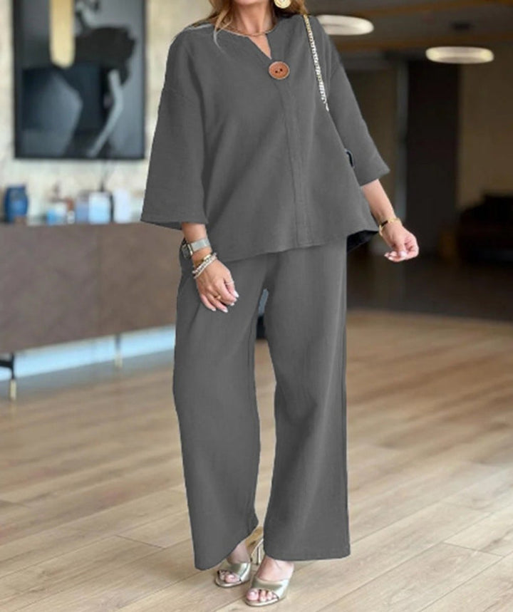 Women's Relaxed Linen-Blend Three-Quarter Sleeve Tunic Palazzo Pants Set - Grau