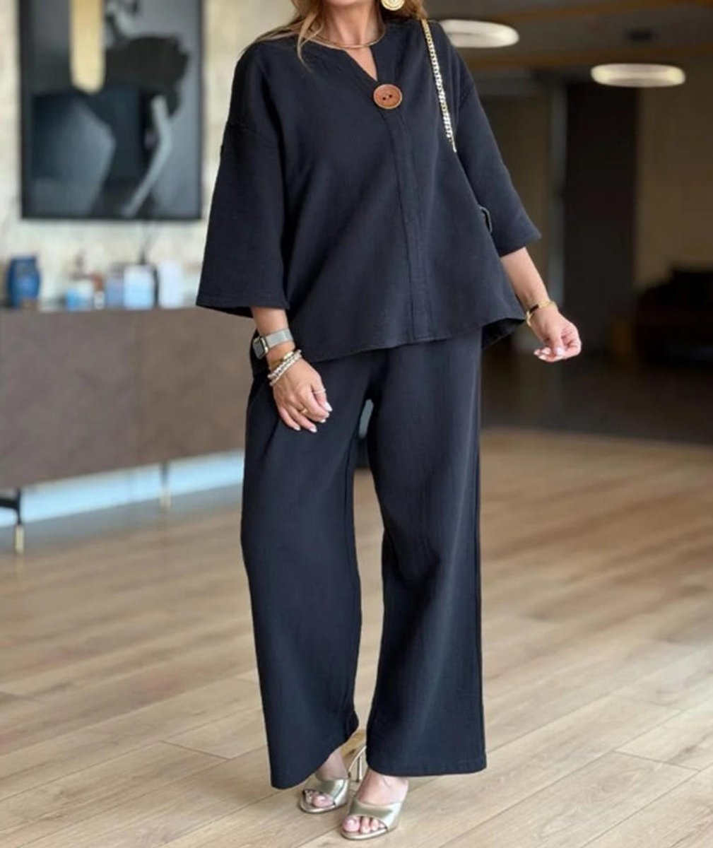 Women's Relaxed Linen-Blend Three-Quarter Sleeve Tunic Palazzo Pants Set - Schwarz
