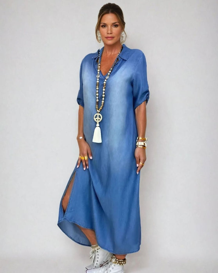 Women's Relaxed Maxi Shirt Dress V-Neck Side Slit