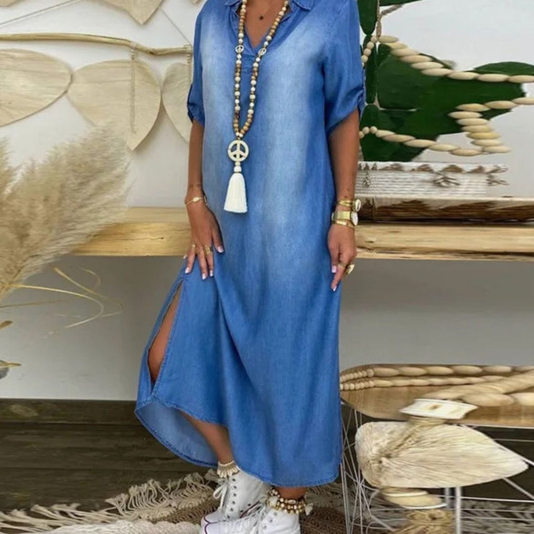 Women's Relaxed Maxi Shirt Dress V-Neck Side Slit - Blue