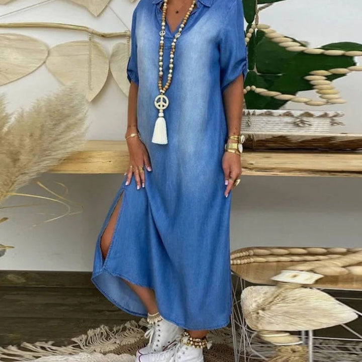 Women's Relaxed Maxi Shirt Dress V-Neck Side Slit - Blue