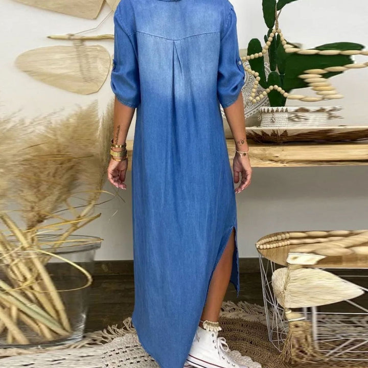 Women's Relaxed Maxi Shirt Dress V-Neck Side Slit