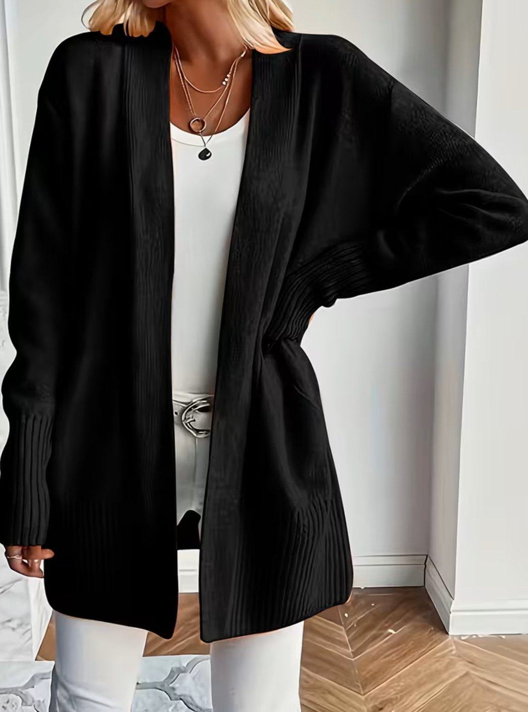 Women's Relaxed Open-Front Knit Cardigan Sweater - Black