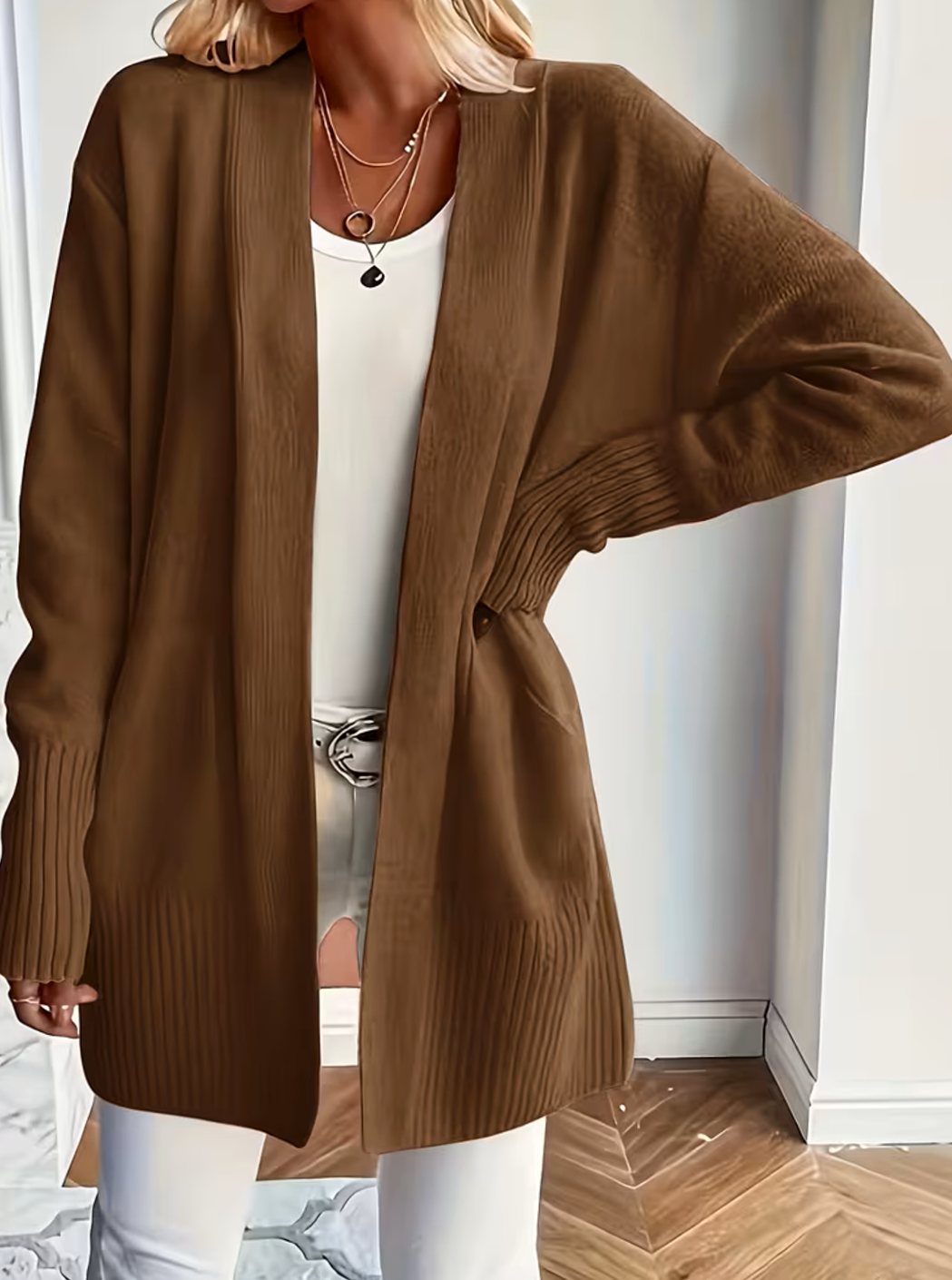 Women's Relaxed Open-Front Knit Cardigan Sweater - Coffee Brown