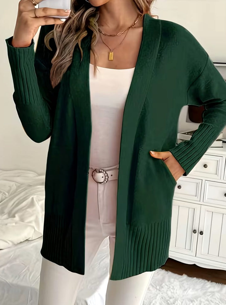 Women's Relaxed Open-Front Knit Cardigan Sweater - Dark Green