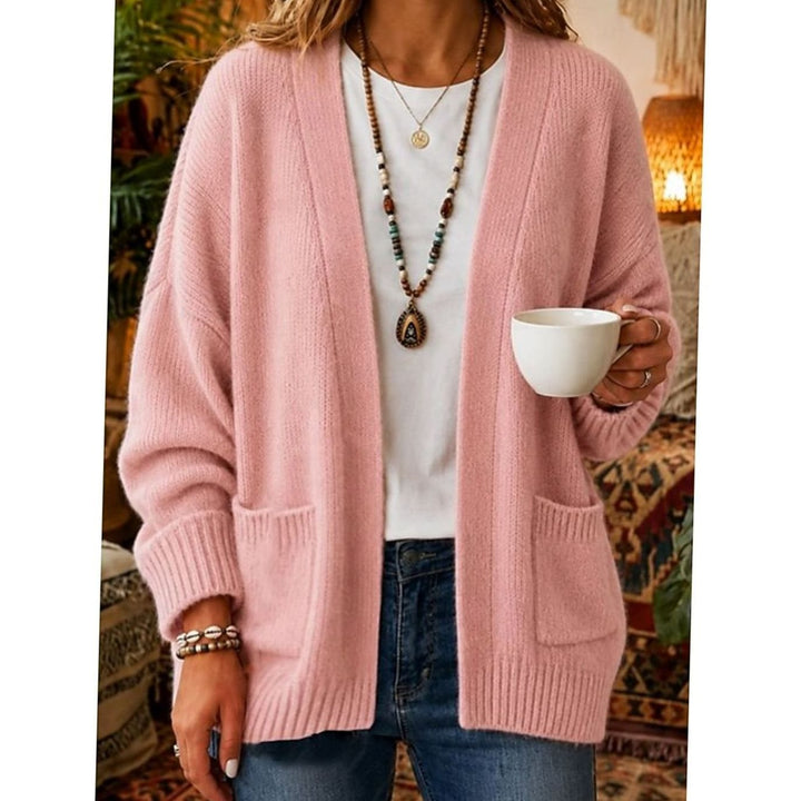 Women's Relaxed Open-Front Knit Cardigan Sweater Pockets - Pink