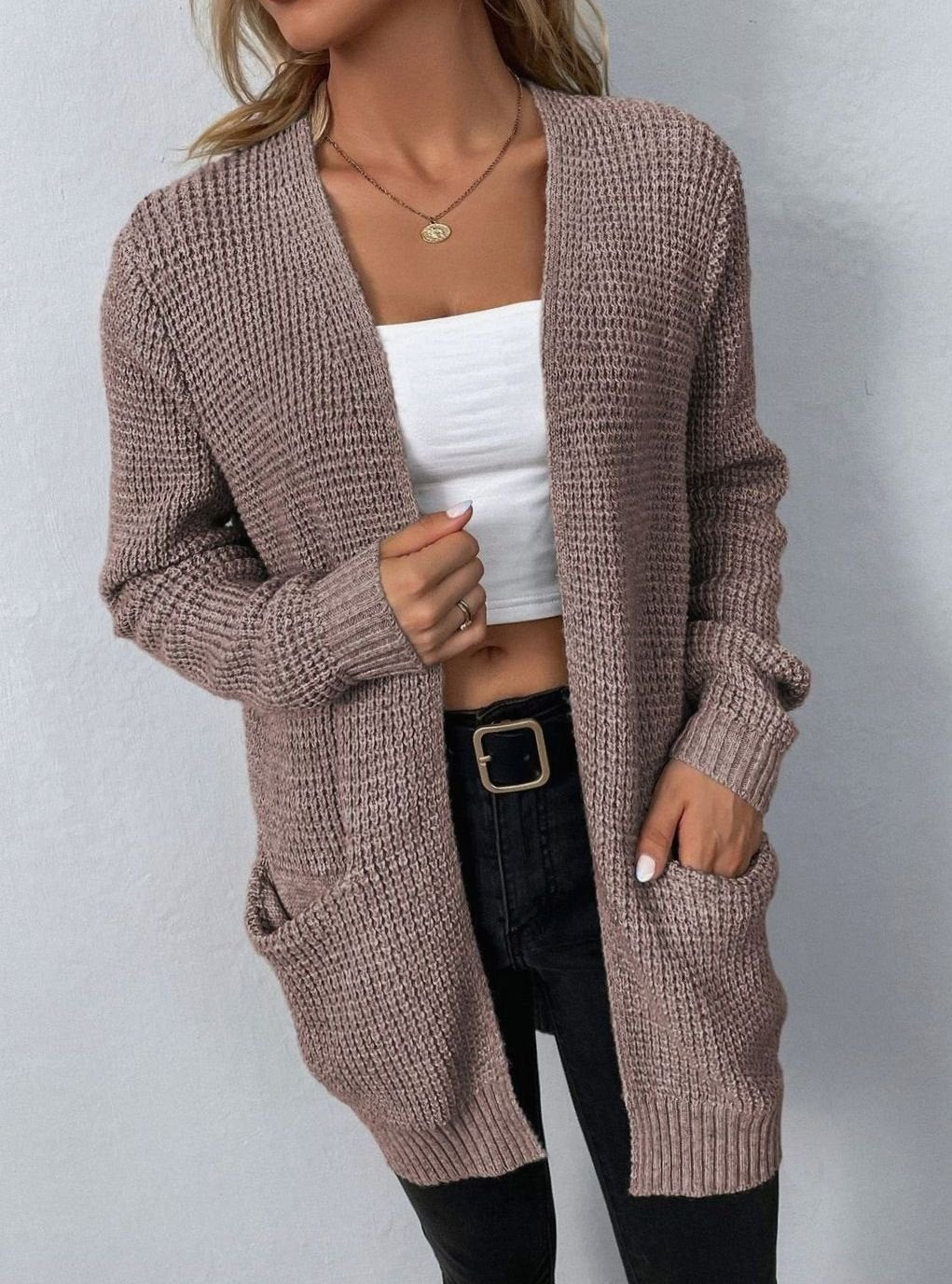Women's Relaxed Open-Front Waffle Knit Cardigan - Light Pink
