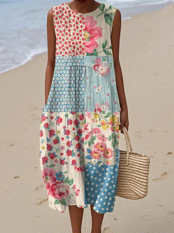 Women's Relaxed Sleeveless Patchwork Floral Midi Dress - Multicolor