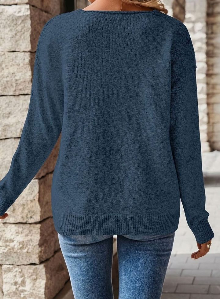 Women's Relaxed V-Neck Drop-Shoulder Pointelle Knit Sweater