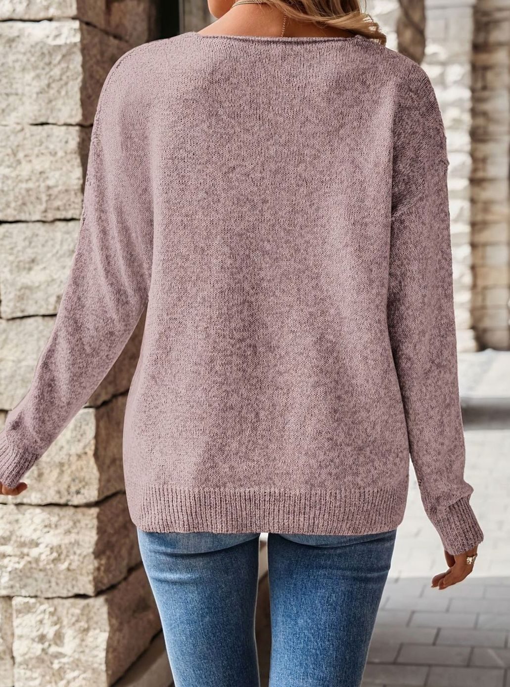 Women's Relaxed V-Neck Drop-Shoulder Pointelle Knit Sweater