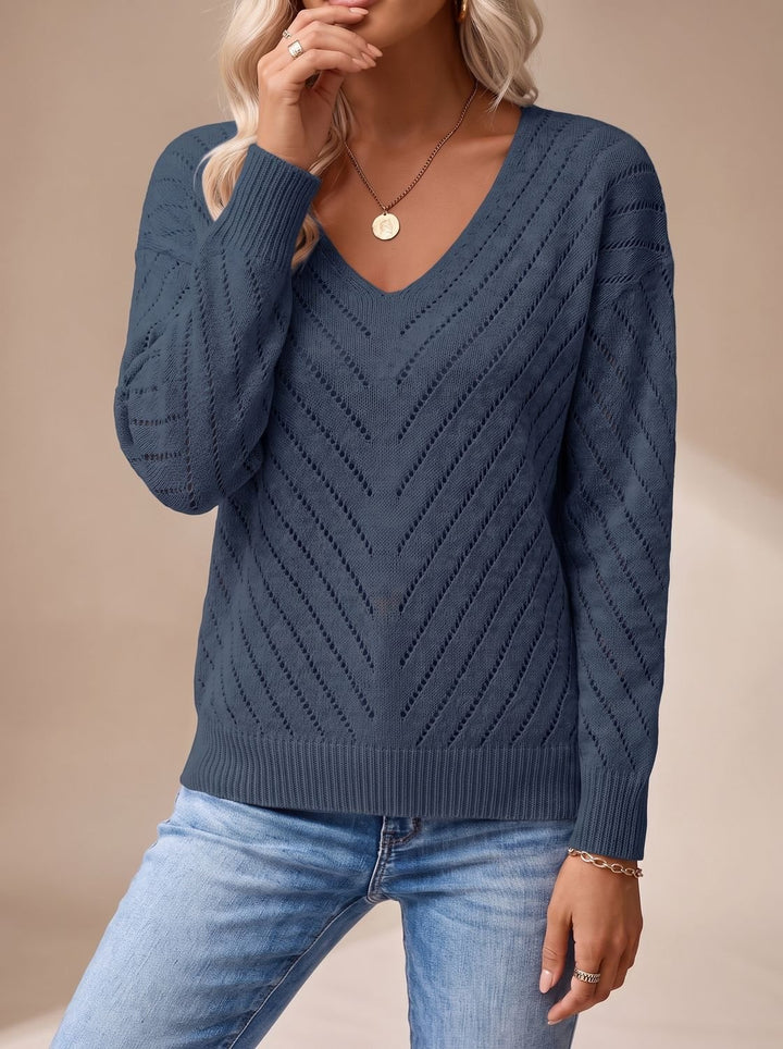 Women's Relaxed V-Neck Drop-Shoulder Pointelle Knitwear Sweater - Navy