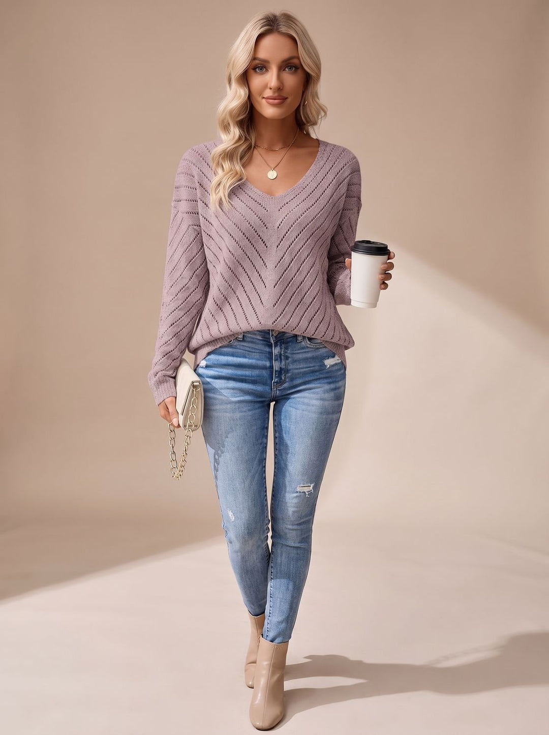 Women's Relaxed V-Neck Drop-Shoulder Pointelle Knitwear Sweater