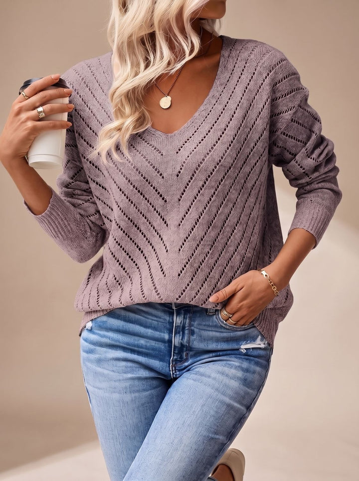 Women's Relaxed V-Neck Drop-Shoulder Pointelle Knitwear Sweater