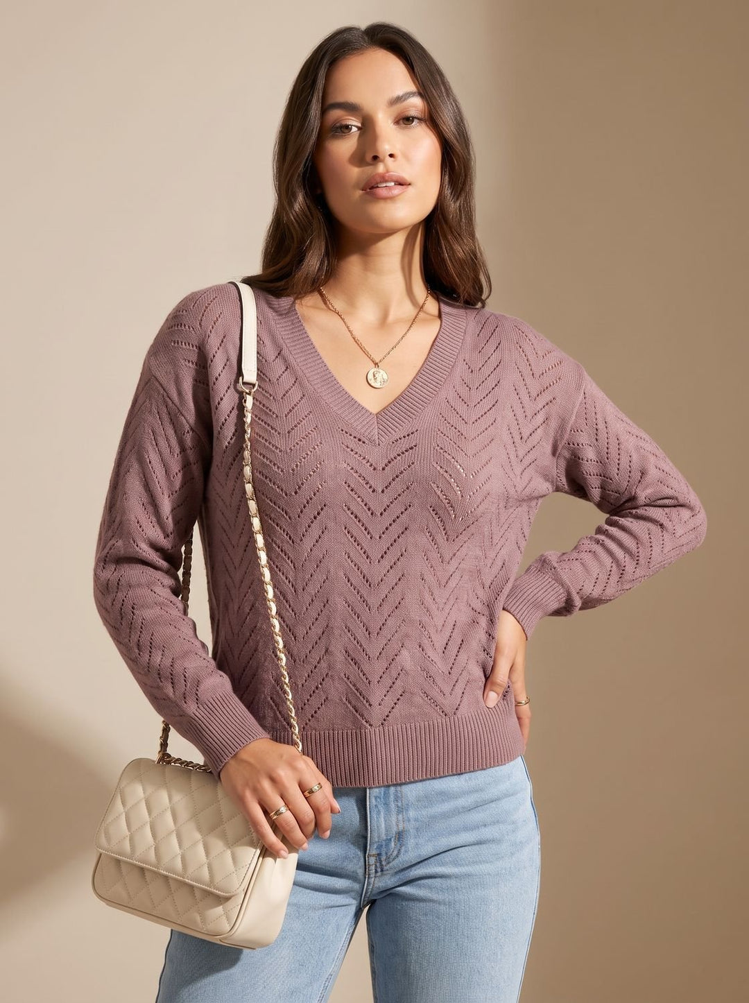 Women's Relaxed V-Neck Drop-Shoulder Pointelle Knitwear Sweater