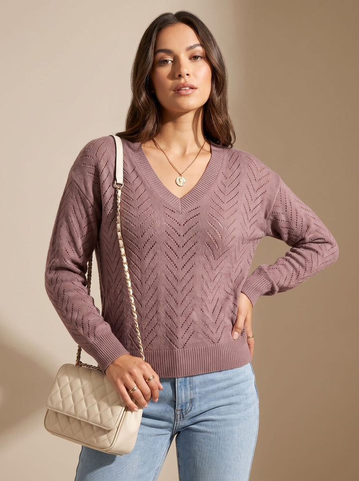 Women's Relaxed V-Neck Drop-Shoulder Pointelle Knitwear Sweater