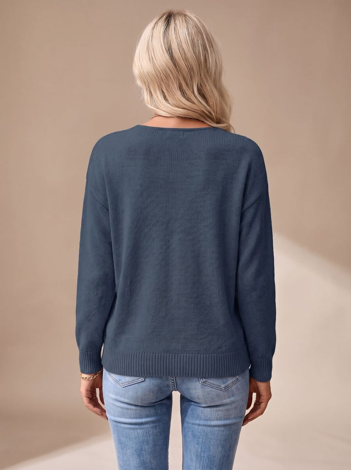 Women's Relaxed V-Neck Drop-Shoulder Pointelle Knitwear Sweater