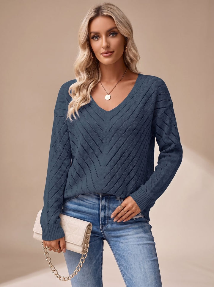 Women's Relaxed V-Neck Drop-Shoulder Pointelle Knitwear Sweater