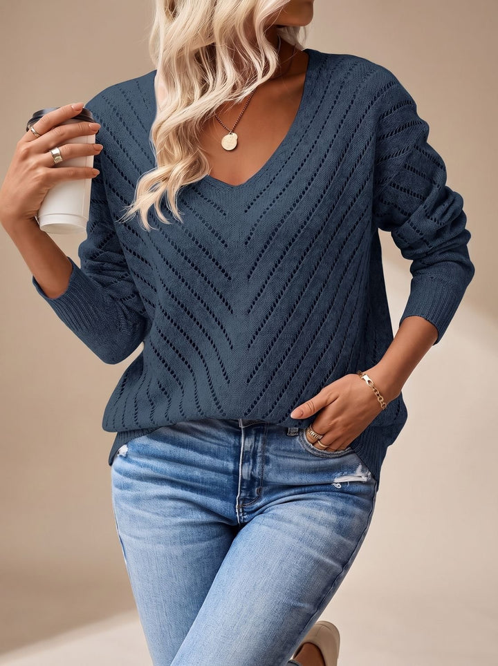 Women's Relaxed V-Neck Drop-Shoulder Pointelle Knitwear Sweater