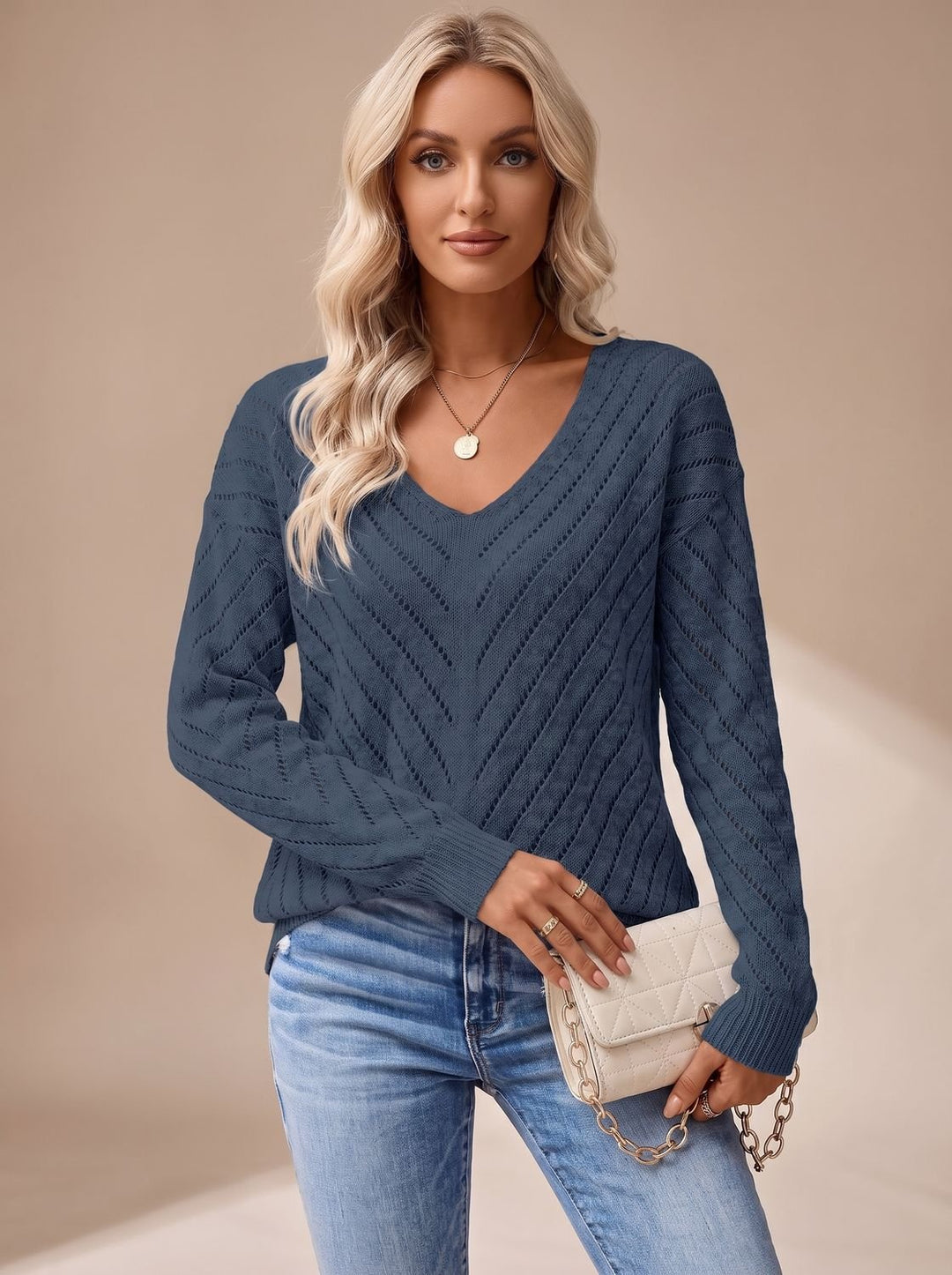 Women's Relaxed V-Neck Drop-Shoulder Pointelle Knitwear Sweater
