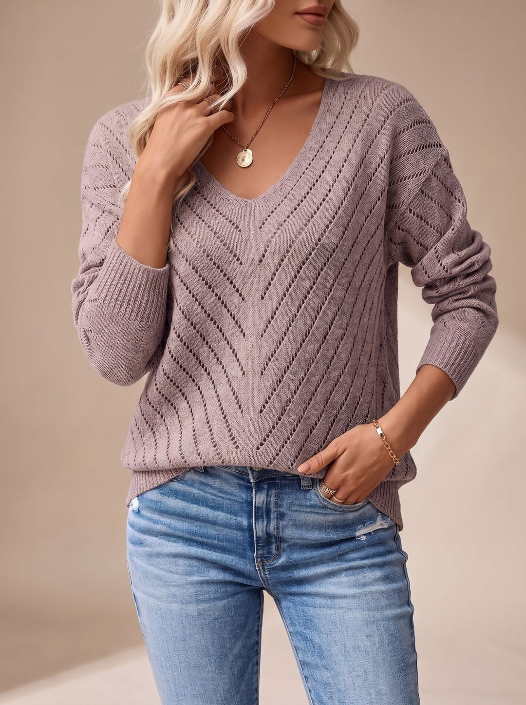 Women's Relaxed V-Neck Drop-Shoulder Pointelle Knitwear Sweater - Pale Pinkish Gray