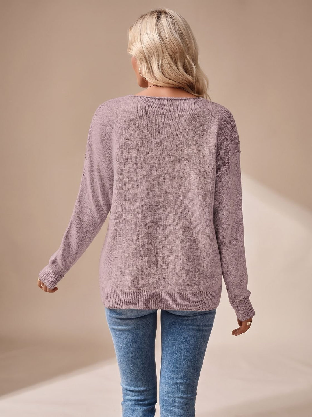 Women's Relaxed V-Neck Drop-Shoulder Pointelle Knitwear Sweater