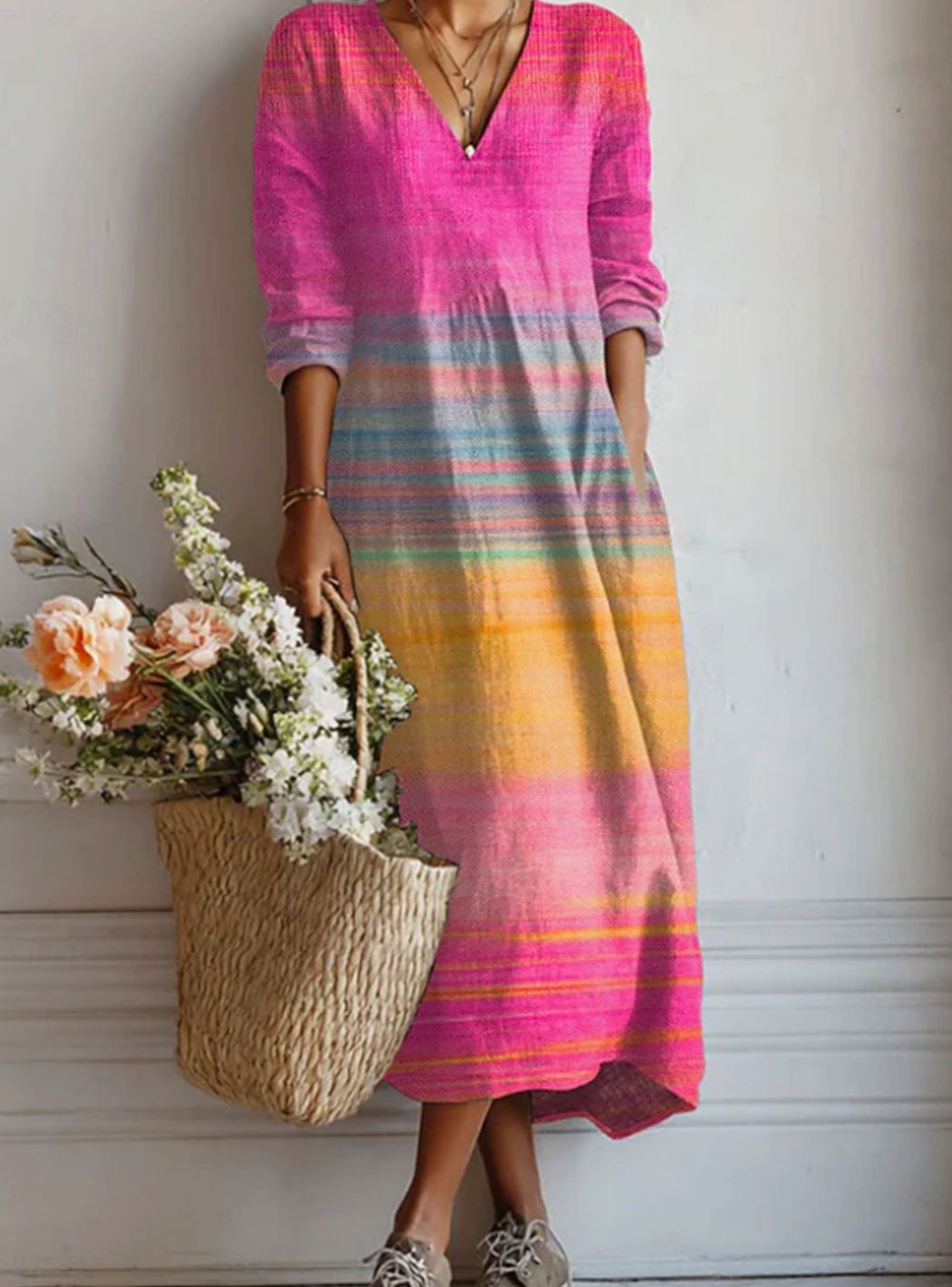 Women's Relaxed V-Neck Long Sleeve Rainbow Striped Fall Dress - Multicolor