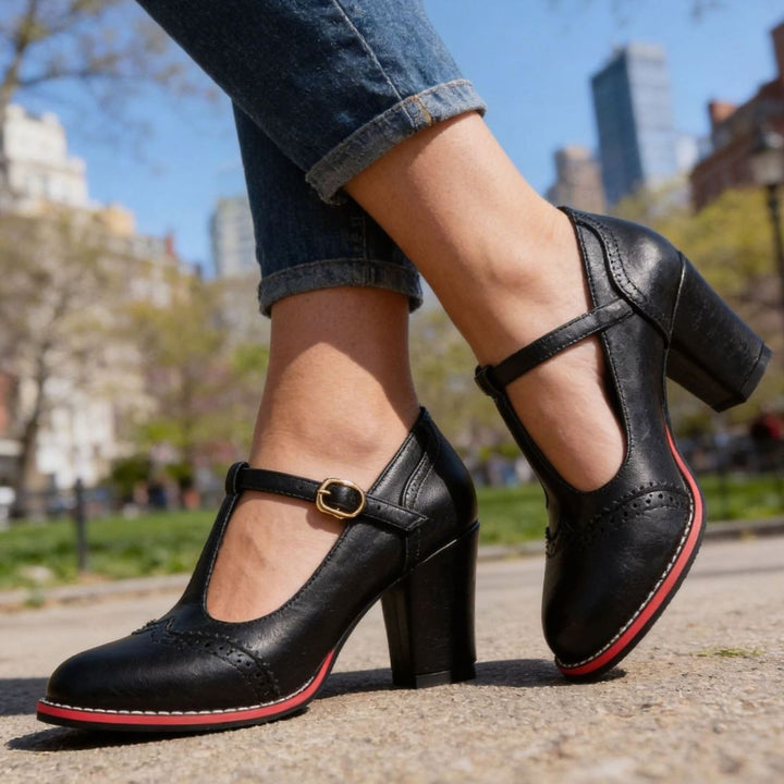 Women's Retro Brogue T-Bar Block Heel Pumps Gold Buckle - Black