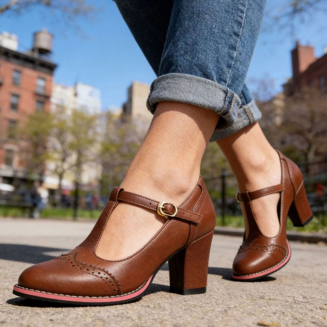 Women's Retro Brogue T-Bar Block Heel Pumps Gold Buckle
