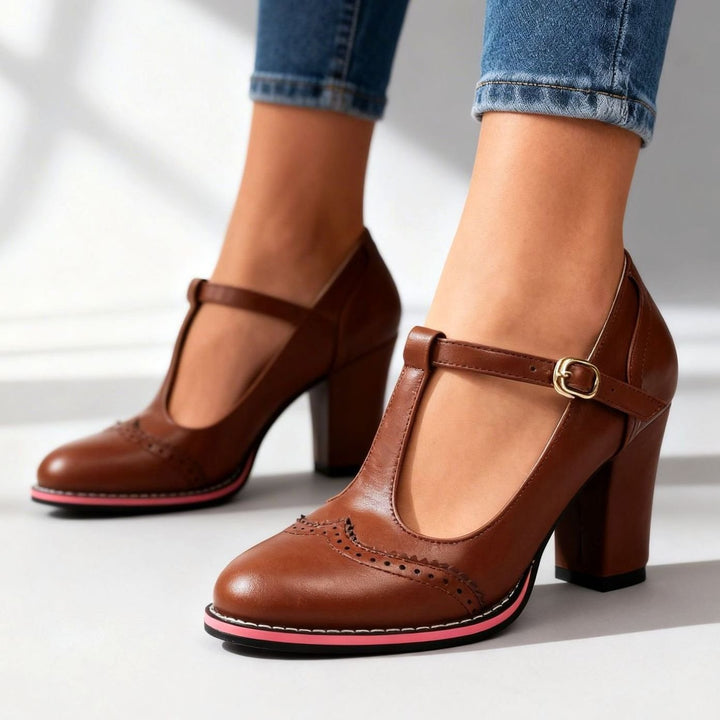 Women's Retro Brogue T-Bar Block Heel Pumps Gold Buckle - Brown