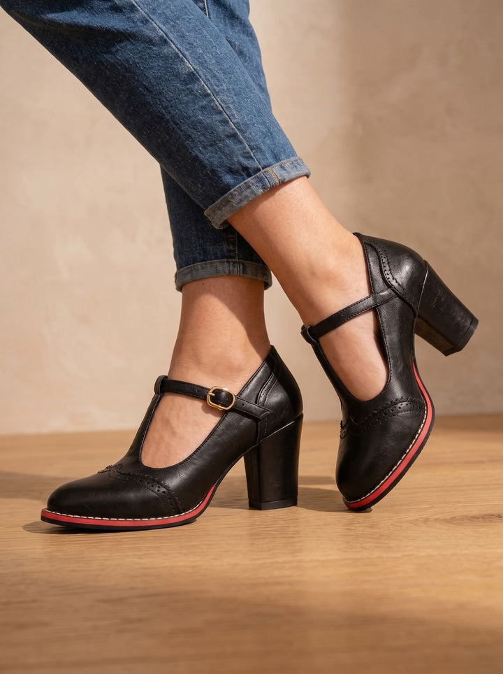 Women's Retro Brogue T-Bar Block Heel Pumps Gold Buckle, Black - Black