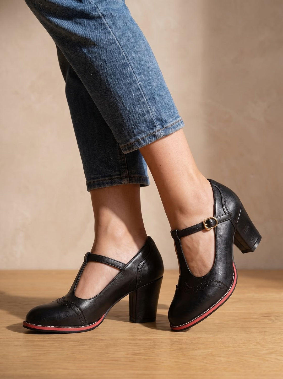 Women's Retro Brogue T-Bar Block Heel Pumps Gold Buckle, Black
