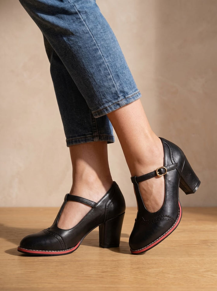 Women's Retro Brogue T-Bar Block Heel Pumps Gold Buckle, Black