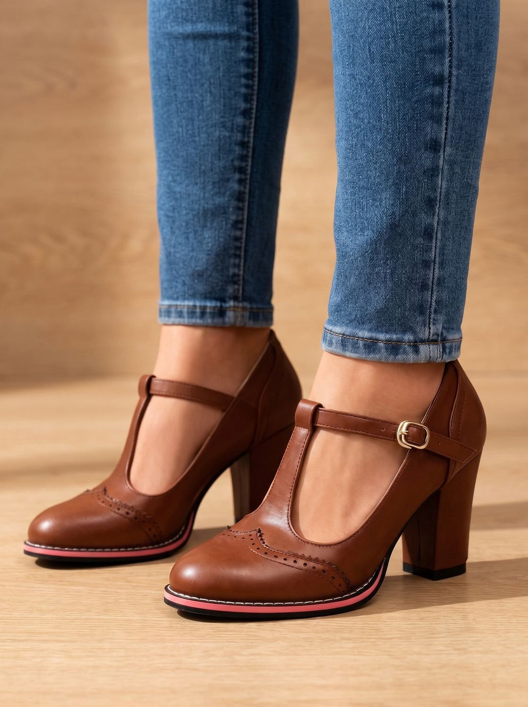 Women's Retro Brogue T-Bar Block Heel Pumps Gold Buckle, Black - Brown