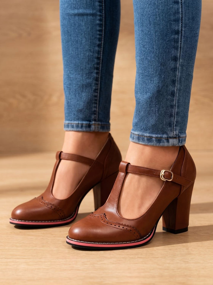 Women's Retro Brogue T-Bar Block Heel Pumps Gold Buckle, Black - Brown