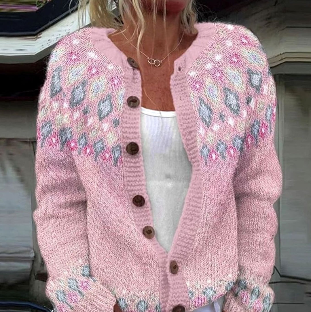 Women's Retro Floral Knit Button-Up Oversized Cardigan