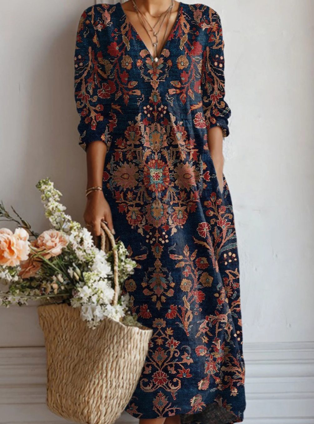 Women's Retro Floral Long Sleeve Dress Relaxed Fit Pockets - Multicolor