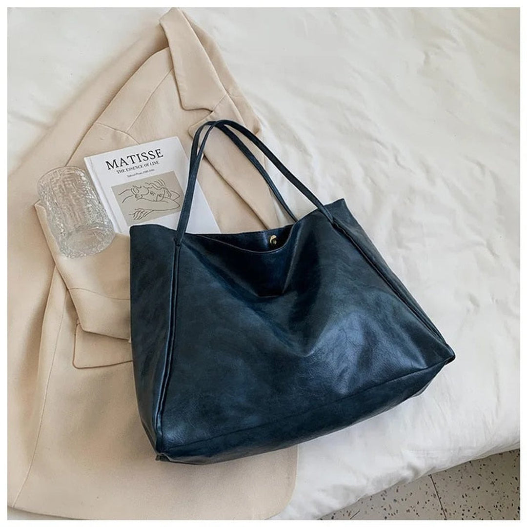 Women's Retro Large-Capacity PU Leather Shoulder Tote Bag - Blau