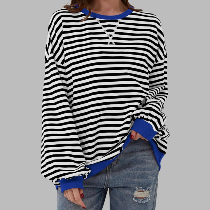 Women's Retro Striped Oversized Crew Neck Sweatshirt - Black