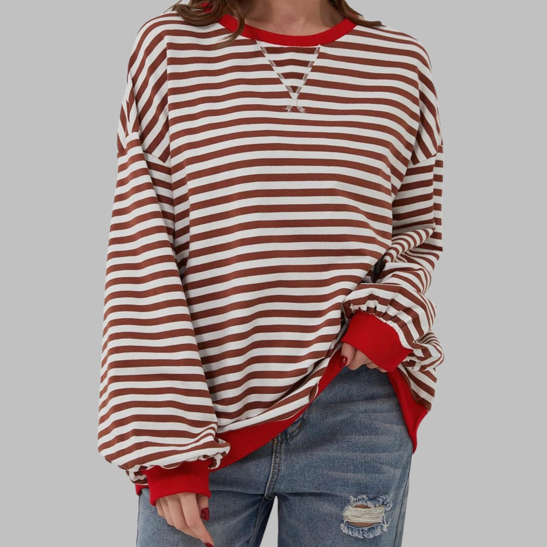 Women's Retro Striped Oversized Crew Neck Sweatshirt - Red
