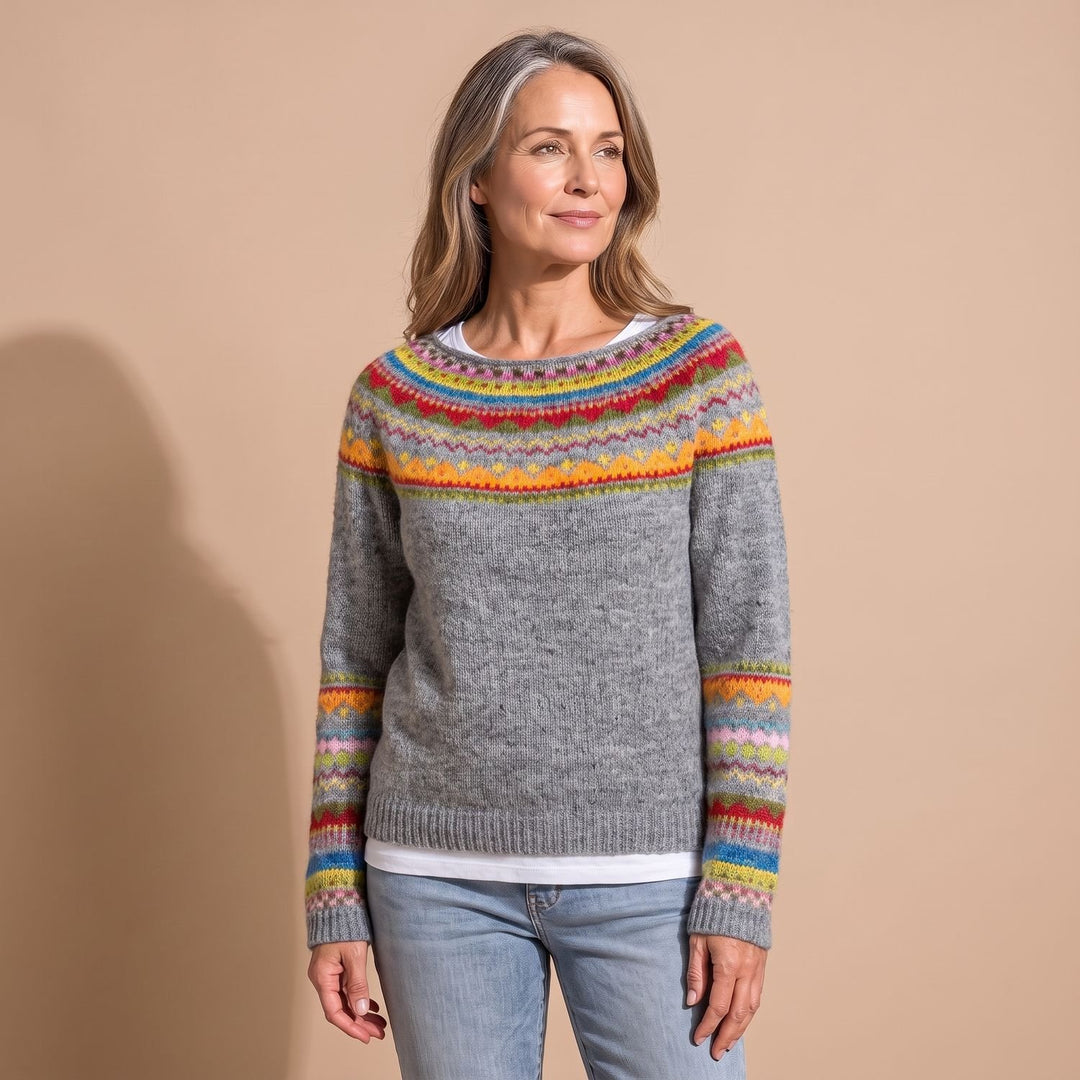 Women's Retro Striped Relaxed-Fit Knitted Sweater - Gray Multicolor
