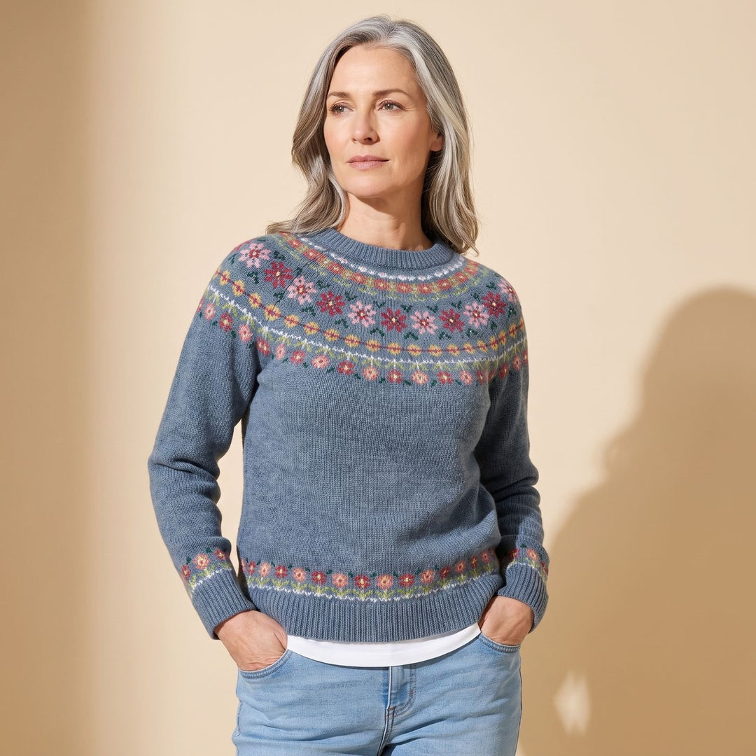 Women's Retro Striped Relaxed-Fit Knitted Sweater - Gray Stars