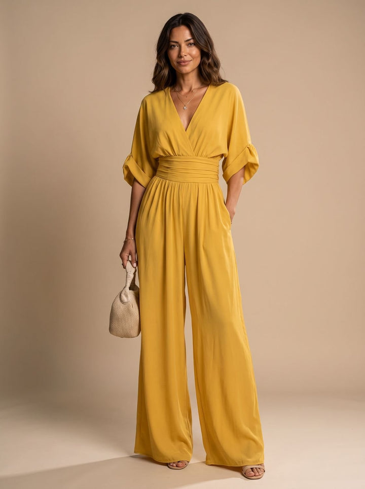 Women's Retro Wide-Leg V-Neck Wrap Jumpsuit - Yellow