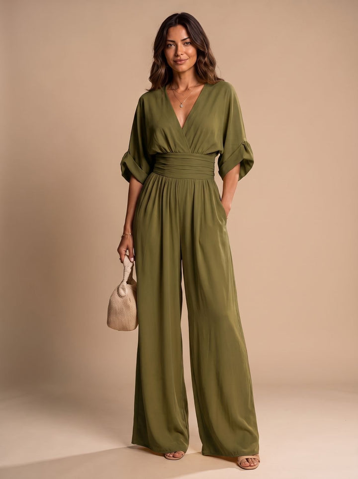 Women's Retro Wide-Leg V-Neck Wrap Jumpsuit - Olive Green