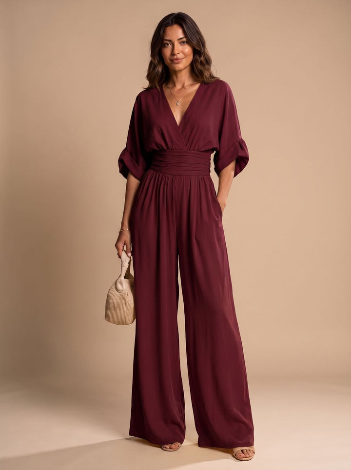 Women's Retro Wide-Leg V-Neck Wrap Jumpsuit - Wine Red