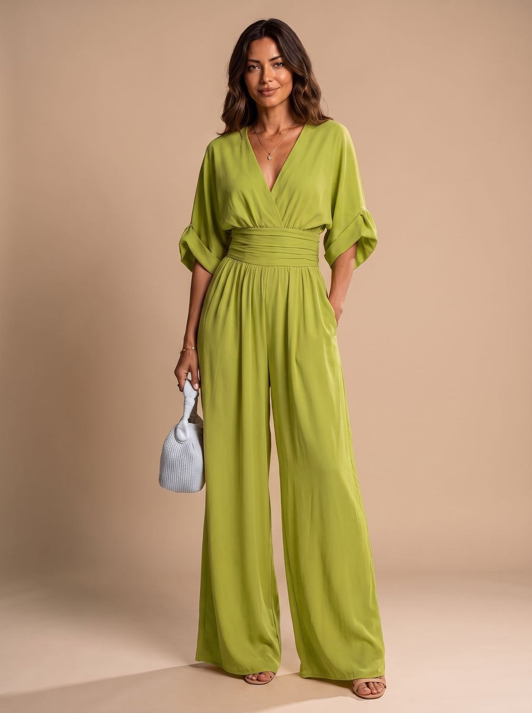 Women's Retro Wide-Leg V-Neck Wrap Jumpsuit - Apple Green