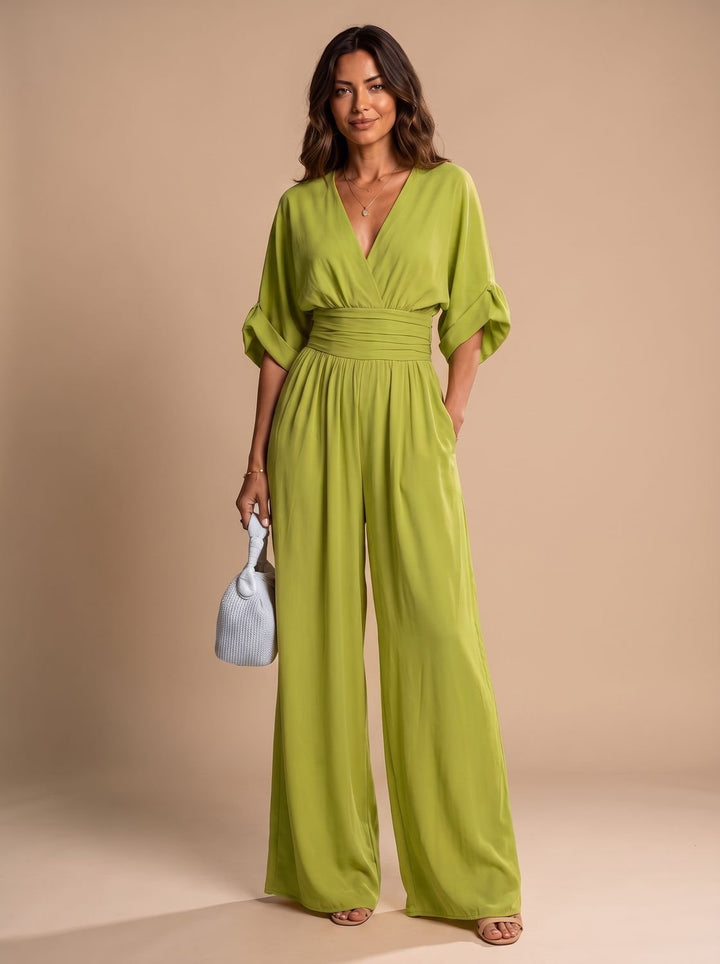 Women's Retro Wide-Leg V-Neck Wrap Jumpsuit - Apple Green